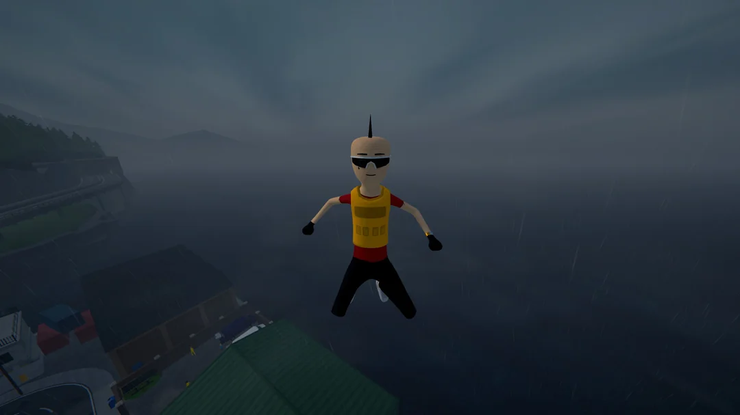 In-game character mid-jump above a rainy landscape