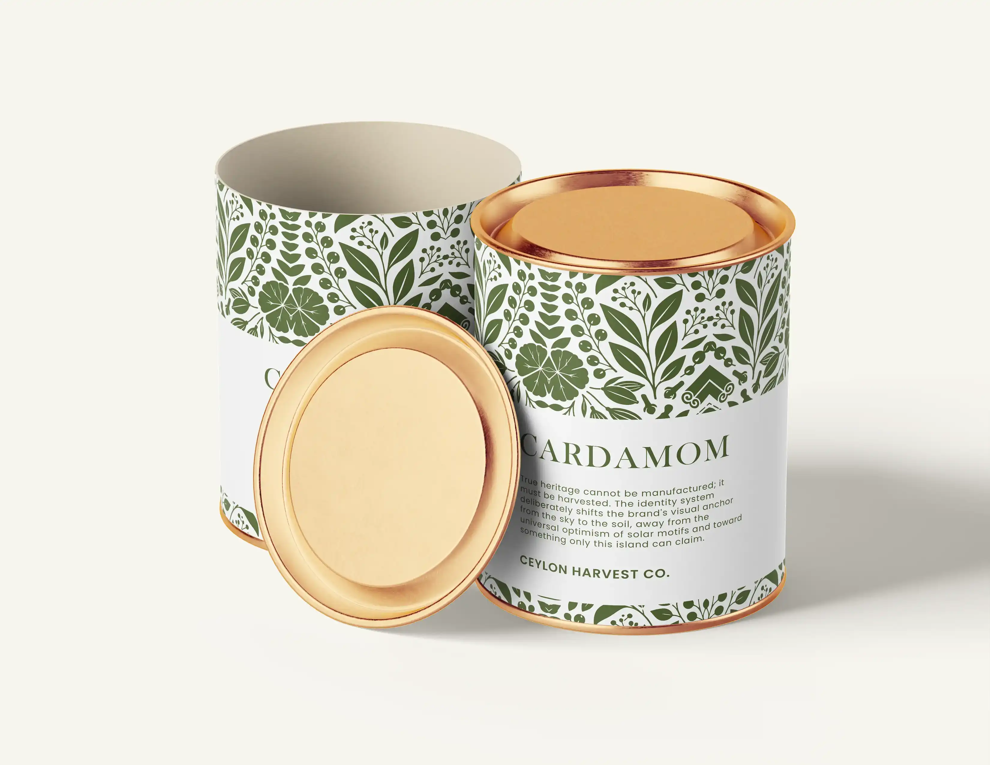 Ceylon Harvest Co. Cardamom paper tube packaging with gold lid