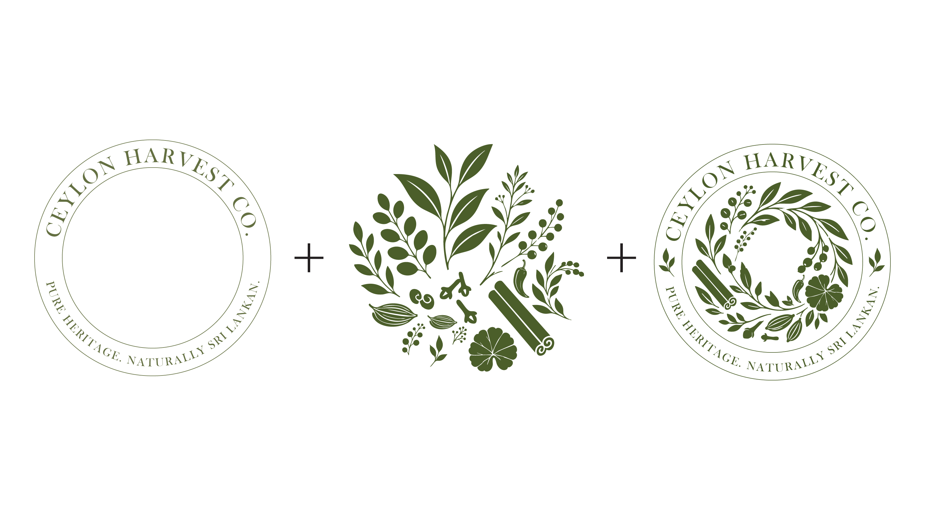 Construction of the final seal: the wordmark ring, plus the cluster of spice icons, combined into a single botanical wreath mark