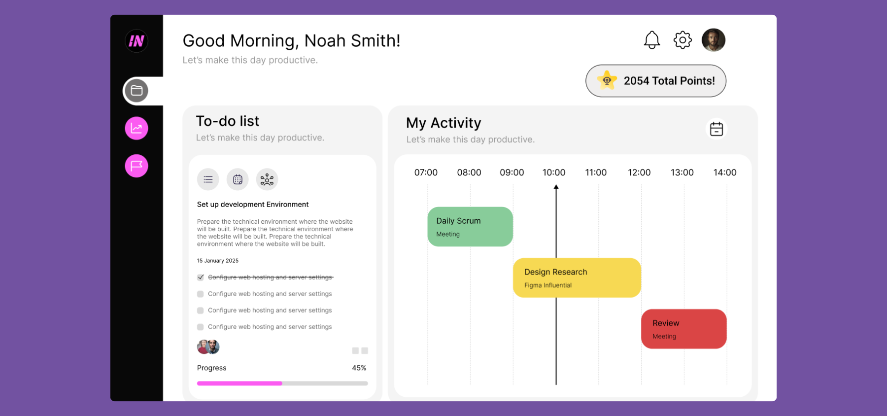 Admin homescreen showcasing a robust schedule timeline and task lists for immediate daily overview