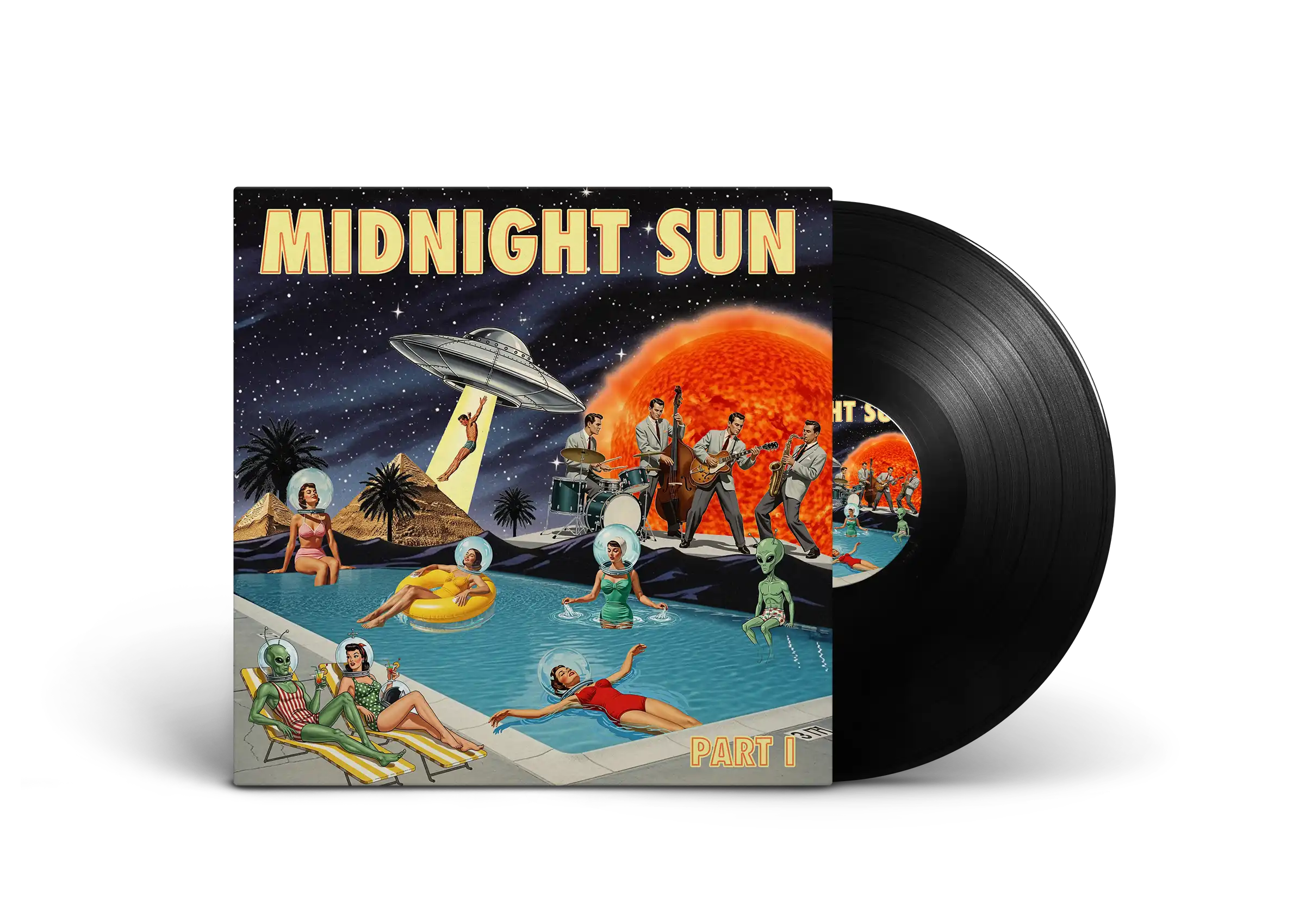 Midnight Sun Part I vinyl record mockup with retro sci-fi pool party artwork
