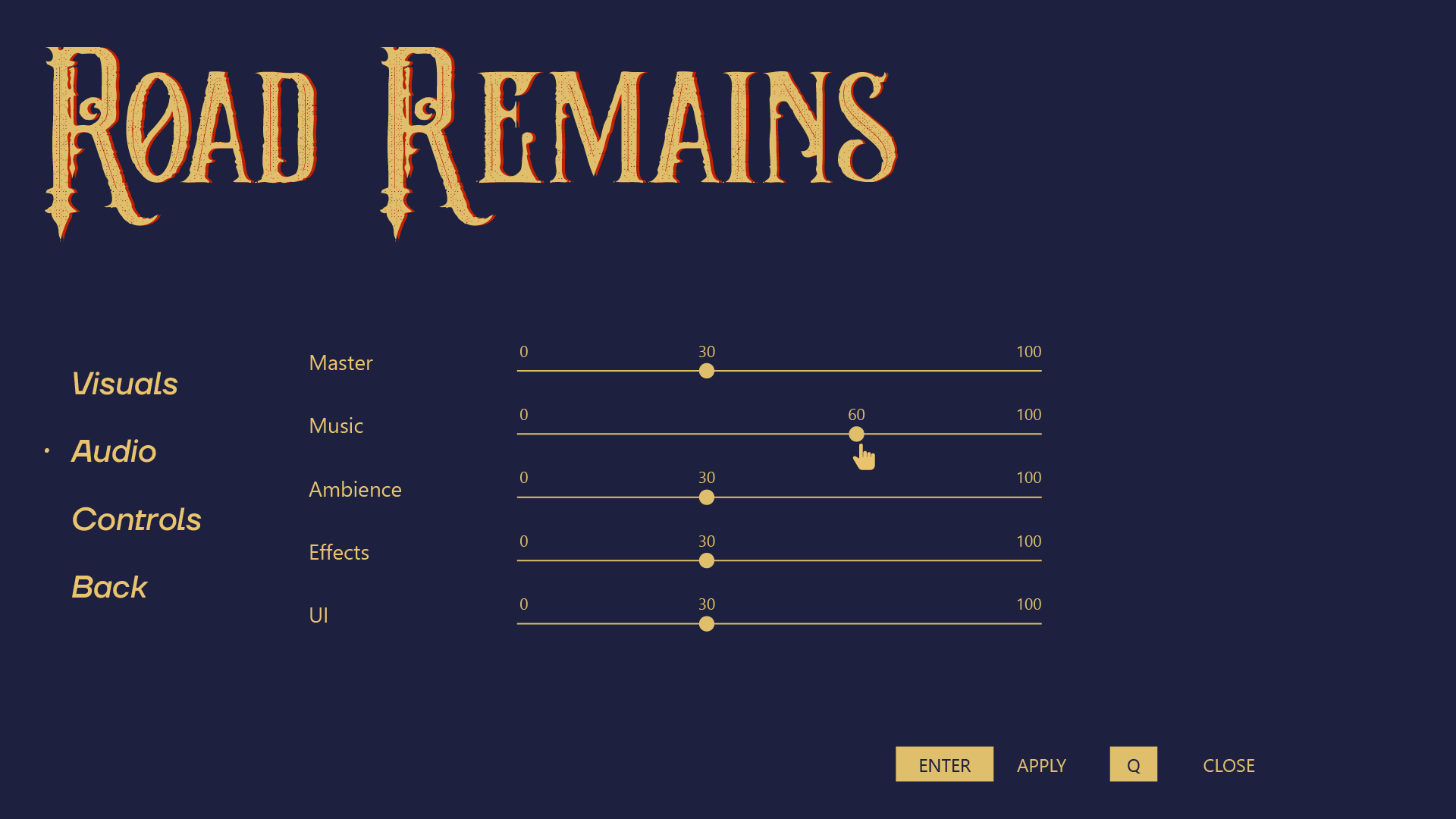 Audio settings menu with Master, Music, Ambience, Effects, and UI volume sliders