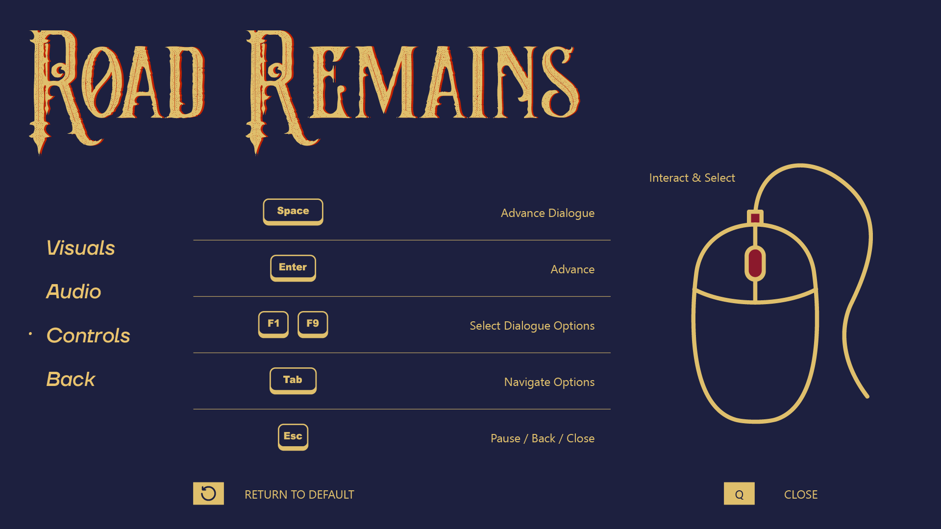Controls settings screen showing keyboard and mouse bindings